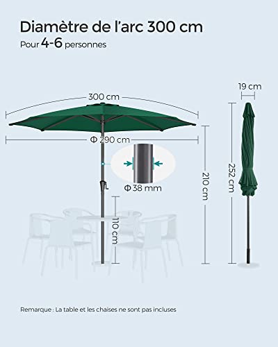 SONGMICS Sonnenschirm 300 cm, UPF 50 , Strandschirm, beidseitig um 30° knickbar, Sonnenschutz, mit Kurbel zum Öffnen/Schließen, für Terrasse, Balkon, Pool, ohne Ständer, grün GPU30GN – Bild 7