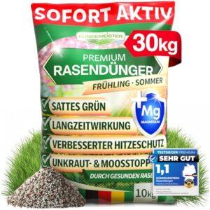 DÜNGEMEISTER Rasendünger für Ihren sattgrünsten Traumrasen - gesunder, dichter und sattgrüner Rasen sofort mit revolutionärer KI Formel - Langzeit NPK/Organisch Frühjahr/Sommer (30 kg)