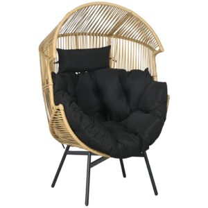 Outsunny Rattansessel, Rattan Korbsessel mit dickem Sitzkissen, Gartensessel in Eiform, 120 kg belastbar, für Terrasse, Garten, Sand