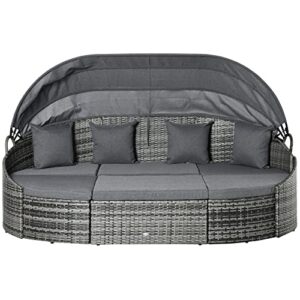 Outsunny 4-teilige Rattan Sonneninsel Sitzgruppe Liegeinsel mit Sonnendach, 4 Kissen für Garten, Balkon Metall Grau 230 x 145 x 80 cm