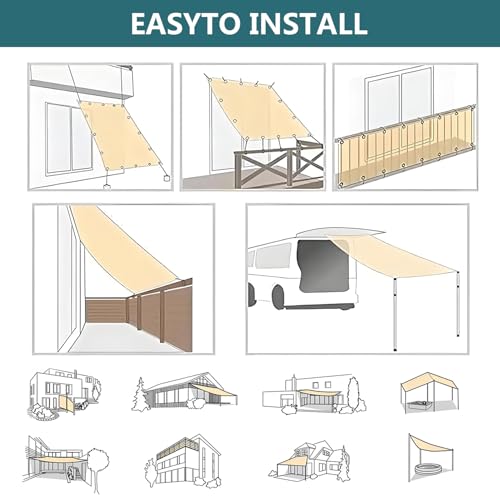 Sonnensegel wasserdicht, rechteckig 2x4M, Sonnenschutz Terrasse, UV-Schutz, wetterfest, ohne Bohren. Hergestellt aus 100% Polyester, Schattierungsnetz mit Ösen und Seil für Pergola, Hellgrau – Bild 7
