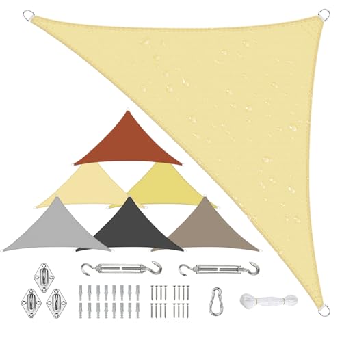 Sichtschutz Sonnensegel Wasserdicht Dreieckigig 3x4x5m aus PES-Polyester 95% UV-Schutz Witterungsbeständig Reißfest Viele Größen und Farben mit Befestigungsset für Terrasse Garten, Beige