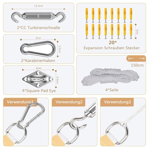 Sichtschutz Sonnensegel Wasserdicht Dreieckigig 3x4x5m aus PES-Polyester 95% UV-Schutz Witterungsbeständig Reißfest Viele Größen und Farben mit Befestigungsset für Terrasse Garten, Beige – Bild 6