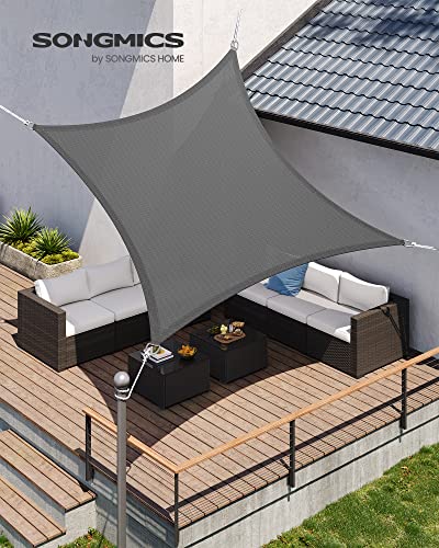 SONGMICS Sonnensegel 5 x 5 m, Sonnenschutz aus HDPE-Gewebe, luftdurchlässig, wasserdurchlässig, für Terrasse, Garten, Balkon, Camping, quadratisch, konkav, 2 m Seile, rauchgrau GSS55GY – Bild 2
