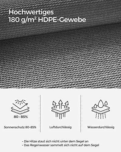SONGMICS Sonnensegel 5 x 5 m, Sonnenschutz aus HDPE-Gewebe, luftdurchlässig, wasserdurchlässig, für Terrasse, Garten, Balkon, Camping, quadratisch, konkav, 2 m Seile, rauchgrau GSS55GY – Bild 3