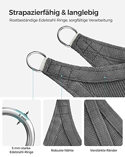 SONGMICS Sonnensegel 5 x 5 m, Sonnenschutz aus HDPE-Gewebe, luftdurchlässig, wasserdurchlässig, für Terrasse, Garten, Balkon, Camping, quadratisch, konkav, 2 m Seile, rauchgrau GSS55GY – Bild 4
