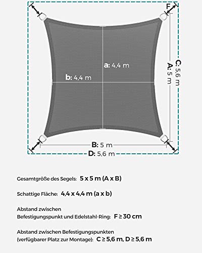 SONGMICS Sonnensegel 5 x 5 m, Sonnenschutz aus HDPE-Gewebe, luftdurchlässig, wasserdurchlässig, für Terrasse, Garten, Balkon, Camping, quadratisch, konkav, 2 m Seile, rauchgrau GSS55GY – Bild 5