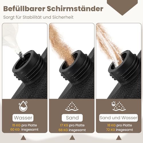 COSTWAY Sonnenschirmständer 60 Liter / 68 kg befüllbar mit Wasser oder Sand, 4-teilig Schirmgewicht für Ampelschirm, Ampelschirmständer inkl. Metallverbinder, Schirmständer, Marktschirmständer – Bild 3