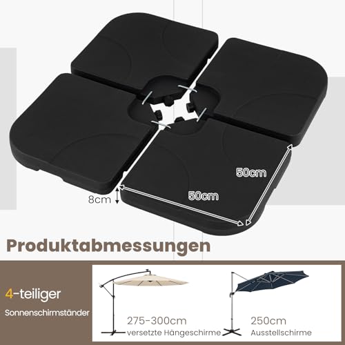 COSTWAY Sonnenschirmständer 60 Liter / 68 kg befüllbar mit Wasser oder Sand, 4-teilig Schirmgewicht für Ampelschirm, Ampelschirmständer inkl. Metallverbinder, Schirmständer, Marktschirmständer – Bild 6