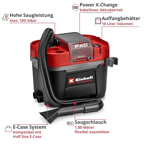 Einhell Professional Akku-Nass-Trockensauger TP-VC 18/10 Li BL L-Solo Power X-Change (18 V, Brushless, 10-L-Behälter, 2 Saugstufen, inkl. Faltenfilter, Saugdüsen, ohne Akku) – Bild 3