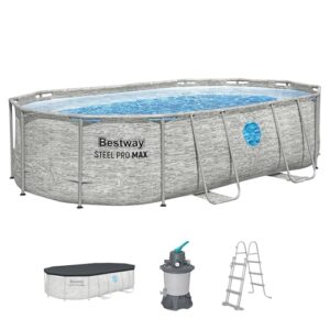 Bestway Power Steel Swim Vista Series Frame Pool Komplett-Set mit Sandfilteranlage 488 x 305 x 107 cm, Steinwand-Optik (Cremegrau), oval