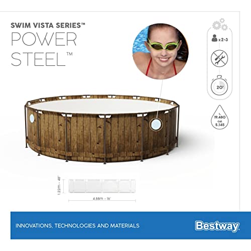 Bestway Power Steel Swim Vista Series Frame Pool Komplett-Set mit Filterpumpe Ø 488 x 122 cm, Holz-Optik (Pinie), rund – Bild 5