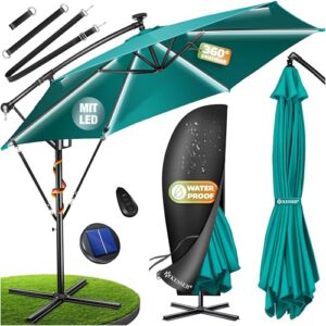 KESSER® Alu Ampelschirm LED Solar Ø350cm Inkl. Abdeckung Fernbedienung Kurbelvorrichtung Kurbelschirm mit Ständer 360° Funktion UV-Schutz Aluminium Wasserabweisend Garten-Schirm Marktschirm Petrol
