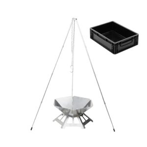 BOXIO - FIRE Bundle: Edelstahl Feuerschale mit Grillrost & Dreibein - Oktagon Feuerstelle Outdoor & Camping Grill, Kleine Feuerschale mit Funkenschutz, Mini Feuerkorb Set für Garten & Lagerfeuer