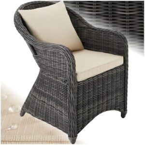 tectake® Rattan Stuhl mit Aluminium Gestell, Rattan Garten Sessel, Outdoor Korbsessel mit Rücken- und Sitzkissen, Möbel wetterfest, Gartenmöbel, Balkonmöbel, Wintergarten - grau