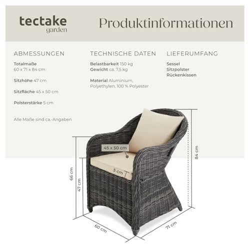 tectake® Rattan Stuhl mit Aluminium Gestell, Rattan Garten Sessel, Outdoor Korbsessel mit Rücken- und Sitzkissen, Möbel wetterfest, Gartenmöbel, Balkonmöbel, Wintergarten - grau – Bild 3
