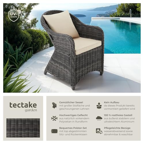 tectake® Rattan Stuhl mit Aluminium Gestell, Rattan Garten Sessel, Outdoor Korbsessel mit Rücken- und Sitzkissen, Möbel wetterfest, Gartenmöbel, Balkonmöbel, Wintergarten - grau – Bild 4