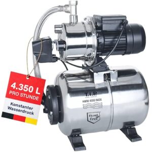 T.I.P. Hauswasserwerk HWW 4500 INOX aus Edelstahl mit 1200 W Leistung I 4350 l/h Fördermenge bis 50 m Höhe I 5 bar Druck mit Manometer I 22 L Kessel I robust, korrosionsfrei, sicher mit Überlastschutz