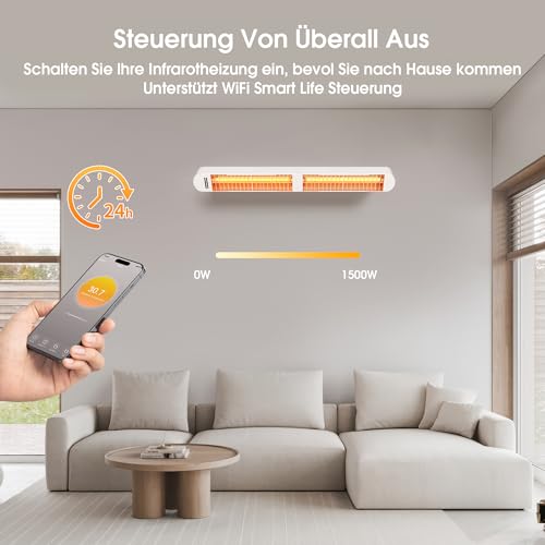 Byecold Infrarotheizung 1500W, Infrarot Heizstrahler mit Fernbedienung & WiFi APP, Wall-Mounted Hanging, Elektroheizung Wand & Deckenmontage, Innen & Außen, Terrasse, Balcony, Garten, Weiß – Bild 5