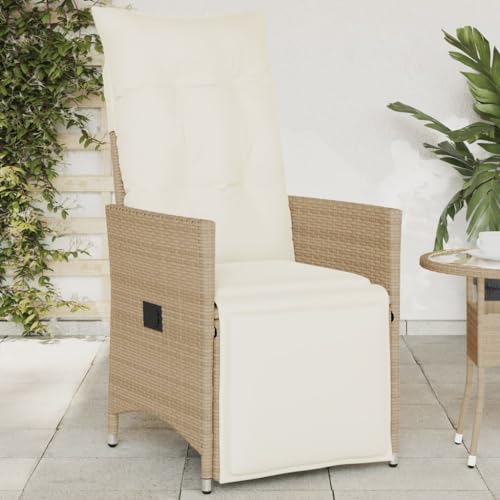 vidaXL Gartensessel Verstellbar mit Kissen, Gartenstuhl mit Stahlrahmen, Loungesessel für Außenbereich, Relaxsessel, Beige Poly Rattan – Bild 2