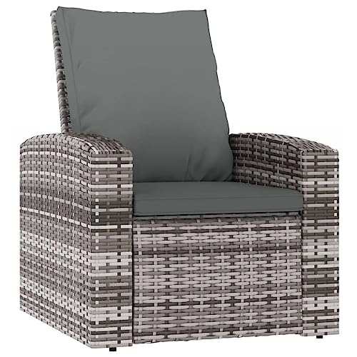 vidaXL Gartensessel Verstellbar, Sessel mit 1 Sitzkissen 1 Rückenkissen, Stuhl für Garten Terrasse, Relaxsessel Gartenmöbel, Grau Poly Rattan