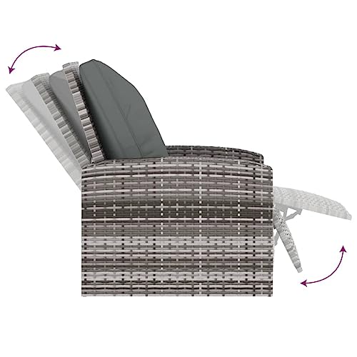 vidaXL Gartensessel Verstellbar, Sessel mit 1 Sitzkissen 1 Rückenkissen, Stuhl für Garten Terrasse, Relaxsessel Gartenmöbel, Grau Poly Rattan – Bild 4