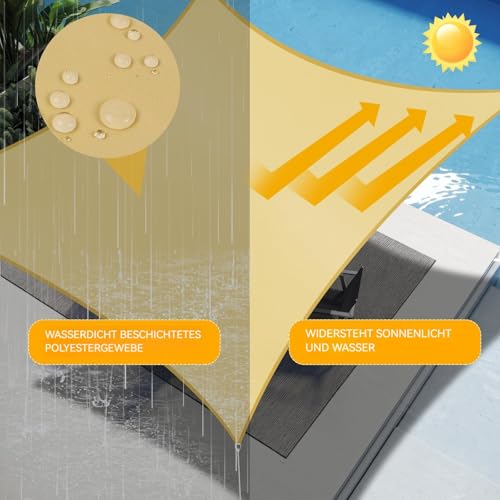 Shade&Beyond Sonnensegel 4x5m Rechteckig Wasserdicht, 95% UV-Schutz PES Polyester inkl Befestigungsseile für Garten Terrasse Balkon, Sand – Bild 2
