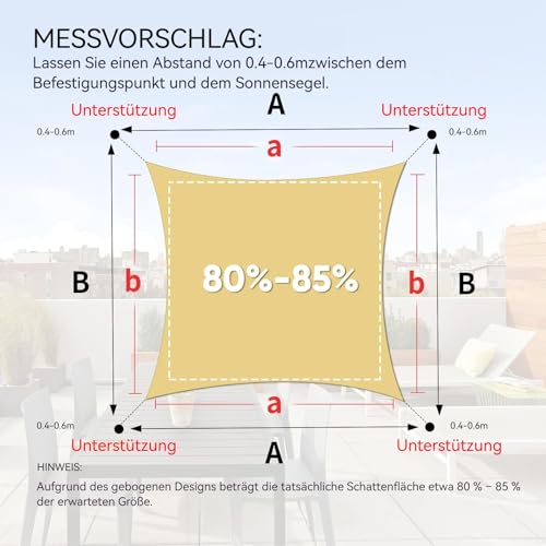 Shade&Beyond Sonnensegel 4x5m Rechteckig Wasserdicht, 95% UV-Schutz PES Polyester inkl Befestigungsseile für Garten Terrasse Balkon, Sand – Bild 4
