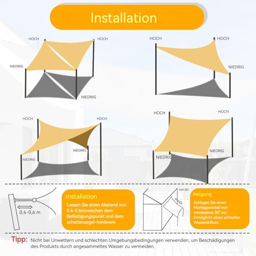Shade&Beyond Sonnensegel 4x5m Rechteckig Wasserdicht, 95% UV-Schutz PES Polyester inkl Befestigungsseile für Garten Terrasse Balkon, Sand – Bild 5