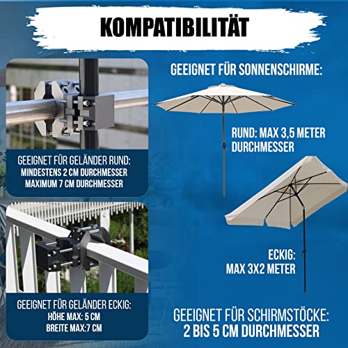 KD-TECH Stabiler Sonnenschirmhalter - Sonnenschirmständer für Balkon und runde, eckige Geländer - sichere Sonnenschirmbefestigung ohne Bohren – Bild 3