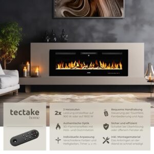 Alternative view of tectake® Elektrokamin Wand, elektrischer Kamin, 2 Heizstufen 900W/1800W, 3D Flammeneffekt, viele Farbeinstellungen, Kamin elektrisch mit Fernbedienung, App Steuerung, Thermostat - 127 x 12 x 43 cm