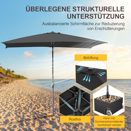 Ollewiellan Sonnenschirm 300 x 200 cm Grau mit Kurbel| Sonnenschirm Rechteckig Ampelschirm Gartenschirm Terrassenschirm Sonnenschutz UV Schutz 50 , Knickbar wasserdicht für Garten, ohne Ständer – Bild 4