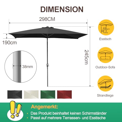 Ollewiellan Sonnenschirm 300 x 200 cm Grau mit Kurbel| Sonnenschirm Rechteckig Ampelschirm Gartenschirm Terrassenschirm Sonnenschutz UV Schutz 50 , Knickbar wasserdicht für Garten, ohne Ständer – Bild 6