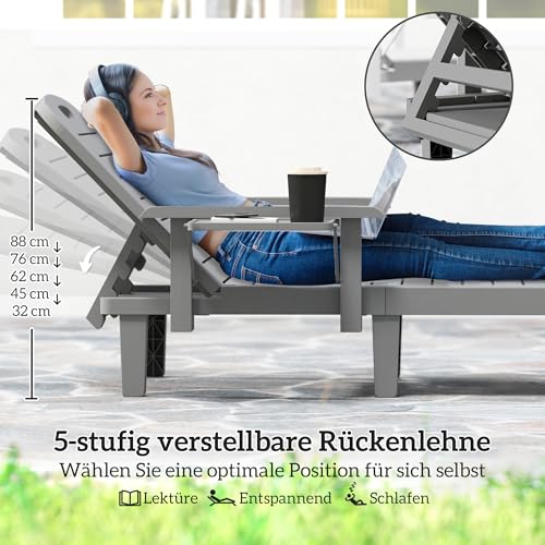 Outsunny 2er Set Sonnenliege Gartenliege mit Seitentisch Holzoptik Liegestuhl mit 5-Fach verstellbare Rückenlehne, wetterfeste Gartenstuhl bis 120 kg belast, für Garten Outdoor Strand, Dunkelgrau – Bild 4