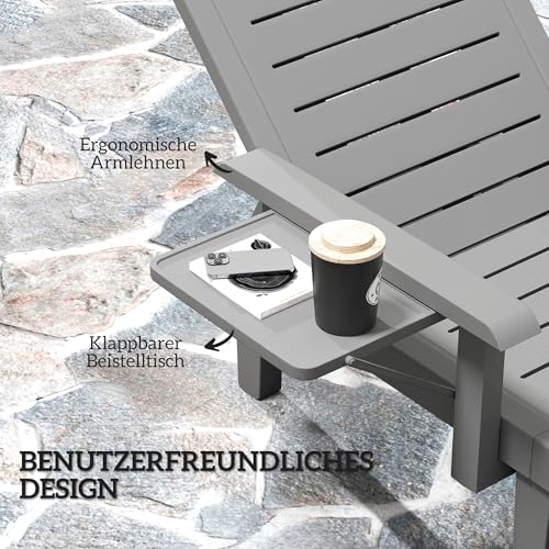 Outsunny 2er Set Sonnenliege Gartenliege mit Seitentisch Holzoptik Liegestuhl mit 5-Fach verstellbare Rückenlehne, wetterfeste Gartenstuhl bis 120 kg belast, für Garten Outdoor Strand, Dunkelgrau – Bild 5