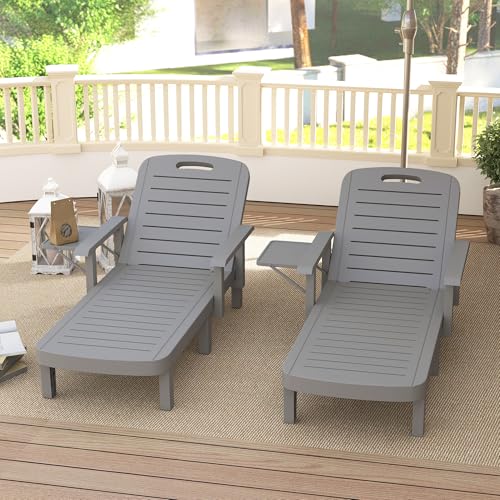 Outsunny 2er Set Sonnenliege Gartenliege mit Seitentisch Holzoptik Liegestuhl mit 5-Fach verstellbare Rückenlehne, wetterfeste Gartenstuhl bis 120 kg belast, für Garten Outdoor Strand, Dunkelgrau – Bild 8