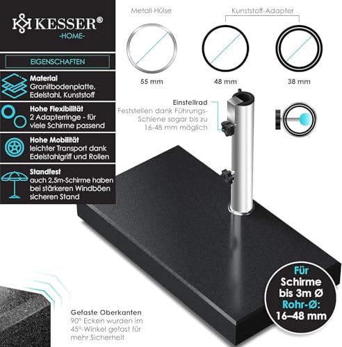 KESSER® Granit Sonnenschirmständer mit Edelstahlrohr, Hochwertiger Schirmständer Rechteck Sockel 30KG - für Schirmstöcke bis 16-48 mm, Inkl. Transport Griff Garten Balkonschirmständer, Anthrazit – Bild 2