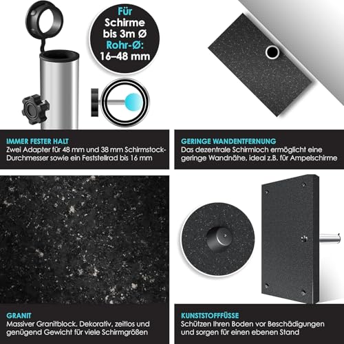 KESSER® Granit Sonnenschirmständer mit Edelstahlrohr, Hochwertiger Schirmständer Rechteck Sockel 30KG - für Schirmstöcke bis 16-48 mm, Inkl. Transport Griff Garten Balkonschirmständer, Anthrazit – Bild 3