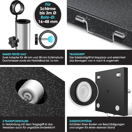 KESSER® Granit Sonnenschirmständer mit Edelstahlrohr, Hochwertiger Schirmständer Quadrat Sockel 30KG - für Schirmstöcke bis 16-48 mm, Inkl. Transport Griff Garten Balkonschirmständer, Anthrazit – Bild 3