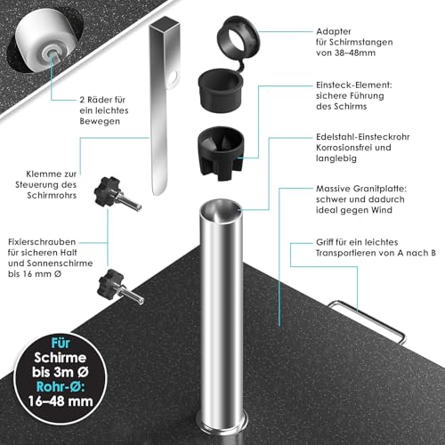 KESSER® Granit Sonnenschirmständer mit Edelstahlrohr, Hochwertiger Schirmständer Quadrat Sockel 30KG - für Schirmstöcke bis 16-48 mm, Inkl. Transport Griff Garten Balkonschirmständer, Anthrazit – Bild 4