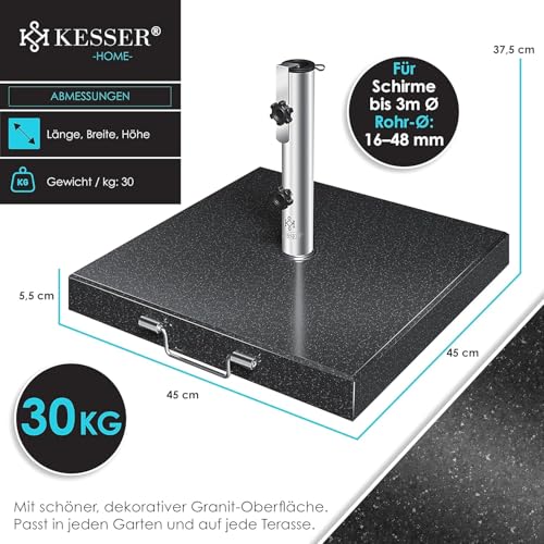 KESSER® Granit Sonnenschirmständer mit Edelstahlrohr, Hochwertiger Schirmständer Quadrat Sockel 30KG - für Schirmstöcke bis 16-48 mm, Inkl. Transport Griff Garten Balkonschirmständer, Anthrazit – Bild 7