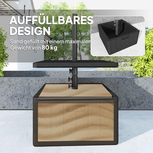 Outsunny 3 in 1 Sonnenschirmständer 80 kg befüllbar, Bepflanzbar Schirmständer mit Rollen, Tischplatte Quadratisch Schirmhalter Schirmgewicht Ständer für Sonnenschirm Ø38/48 mm, für Balkon Schwarz – Bild 4