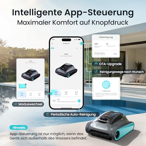 (2026 Upgrade) AIPER Scuba S1 Poolroboter Boden und Wand, Wasserlinienreinigung, 3μm Ultrafeiner Filter, 180 Min. Akkulaufzeit, 15900LPH Leistungsstarker Poolsauger mit APP für Eingelassene Pools Blau – Bild 4