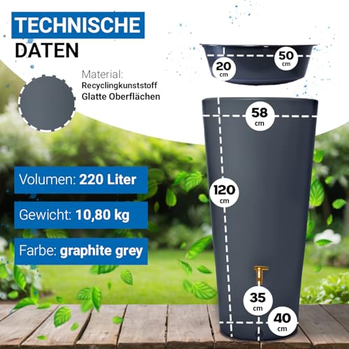 4rain Vaso 2in1 Regentonne 220 Liter Graphite Grey inkl. Kunststoff-Auslaufhahn und Fallrohranschluss - Regenfass, Regenwassersammler, Regenwassertonne, Regenwassertank, Wassertank, Regensammler – Bild 3