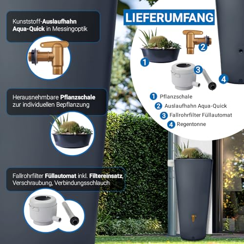 4rain Vaso 2in1 Regentonne 220 Liter Graphite Grey inkl. Kunststoff-Auslaufhahn und Fallrohranschluss - Regenfass, Regenwassersammler, Regenwassertonne, Regenwassertank, Wassertank, Regensammler – Bild 4
