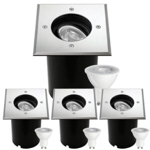 JNR 4er Set Bodenstrahler Außen Schwenkbar GU10 IP67 Wasserdicht mit LED 5W 3000K Warmweiß, Bodeneinbaustrahler Aussen 230V Bodenleuchten Außen Quadratisch, Silber