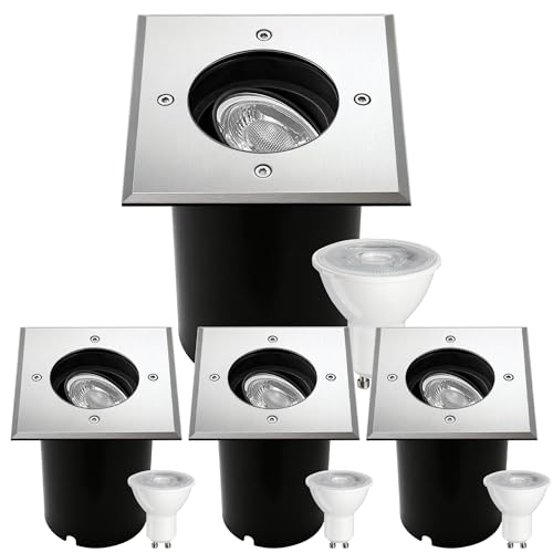 JNR 4er Set Bodenstrahler Außen Schwenkbar GU10 IP67 Wasserdicht mit LED 5W 3000K Warmweiß, Bodeneinbaustrahler Aussen 230V Bodenleuchten Außen Quadratisch, Silber
