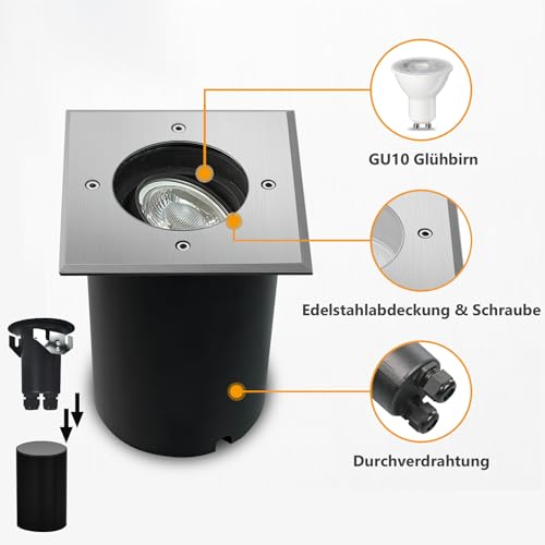 JNR 4er Set Bodenstrahler Außen Schwenkbar GU10 IP67 Wasserdicht mit LED 5W 3000K Warmweiß, Bodeneinbaustrahler Aussen 230V Bodenleuchten Außen Quadratisch, Silber – Bild 2