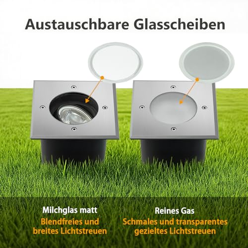 JNR 4er Set Bodenstrahler Außen Schwenkbar GU10 IP67 Wasserdicht mit LED 5W 3000K Warmweiß, Bodeneinbaustrahler Aussen 230V Bodenleuchten Außen Quadratisch, Silber – Bild 5