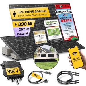 Solakon 900W Balkonkraftwerk mit Halterung (Flachdach) - Balkonkraftwerk 800W komplett Steckdose - 800 Watt Wechselrichter - Solaranlage Komplettset - 450W bifaziale Solarmodule inkl Zubehör 5m Kabel